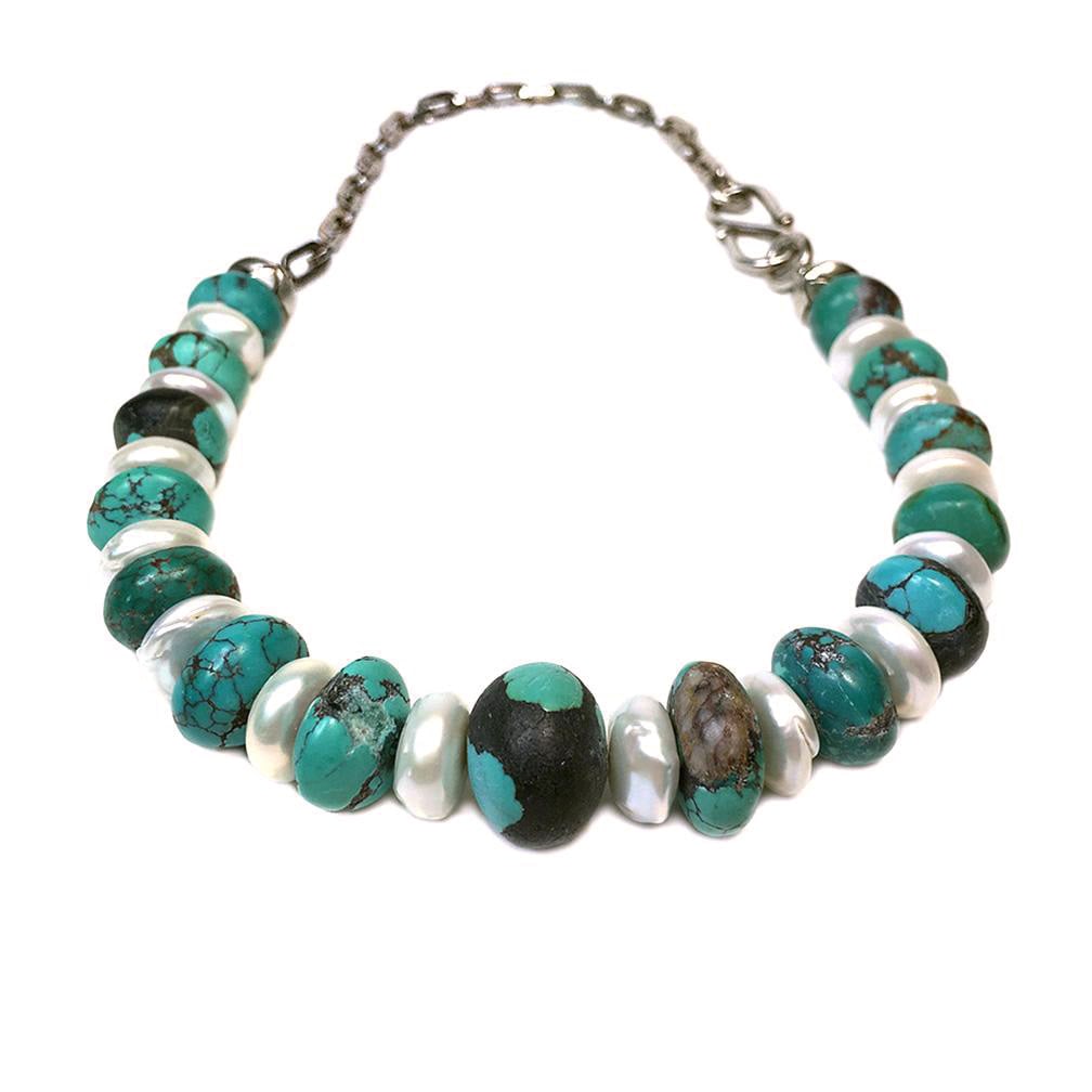 Leather-polished Turquoise & Freshwater Pearl Necklace & Earrings Set - 3
