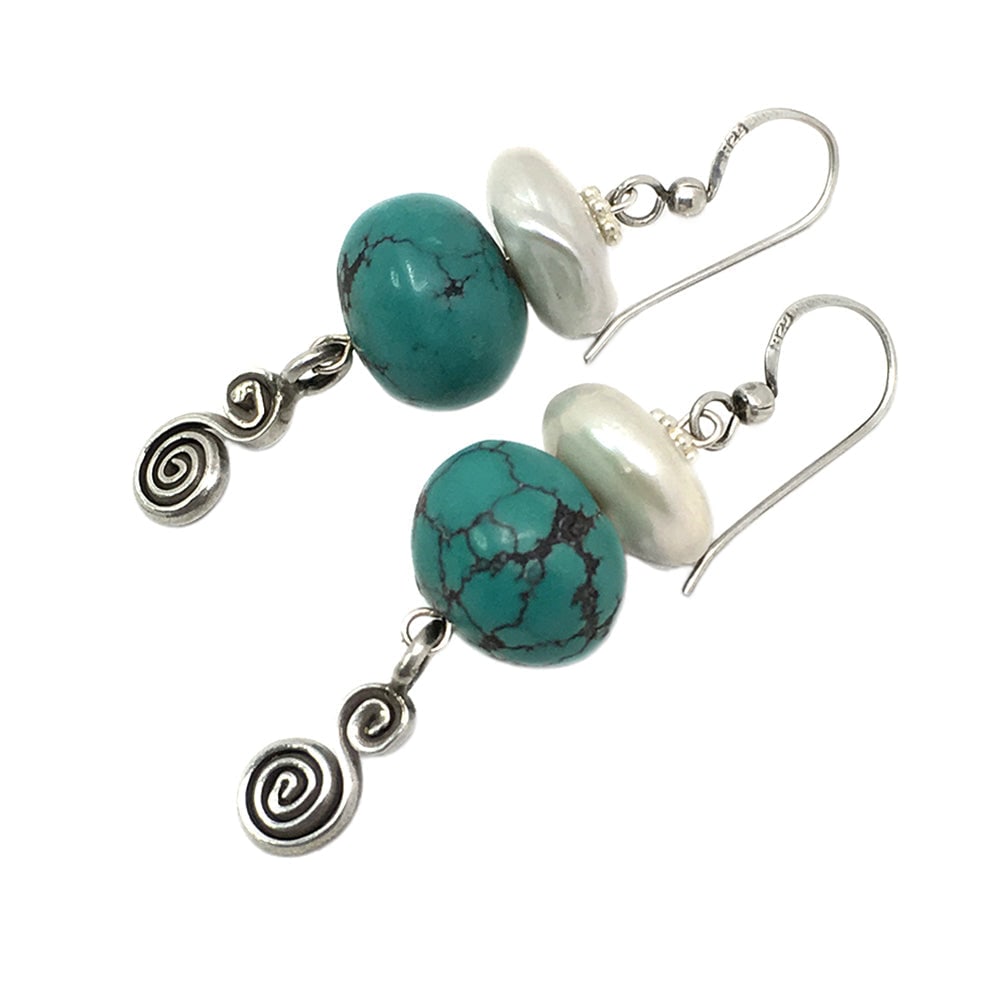 Leather-polished Turquoise & Freshwater Pearl Necklace & Earrings Set - 5