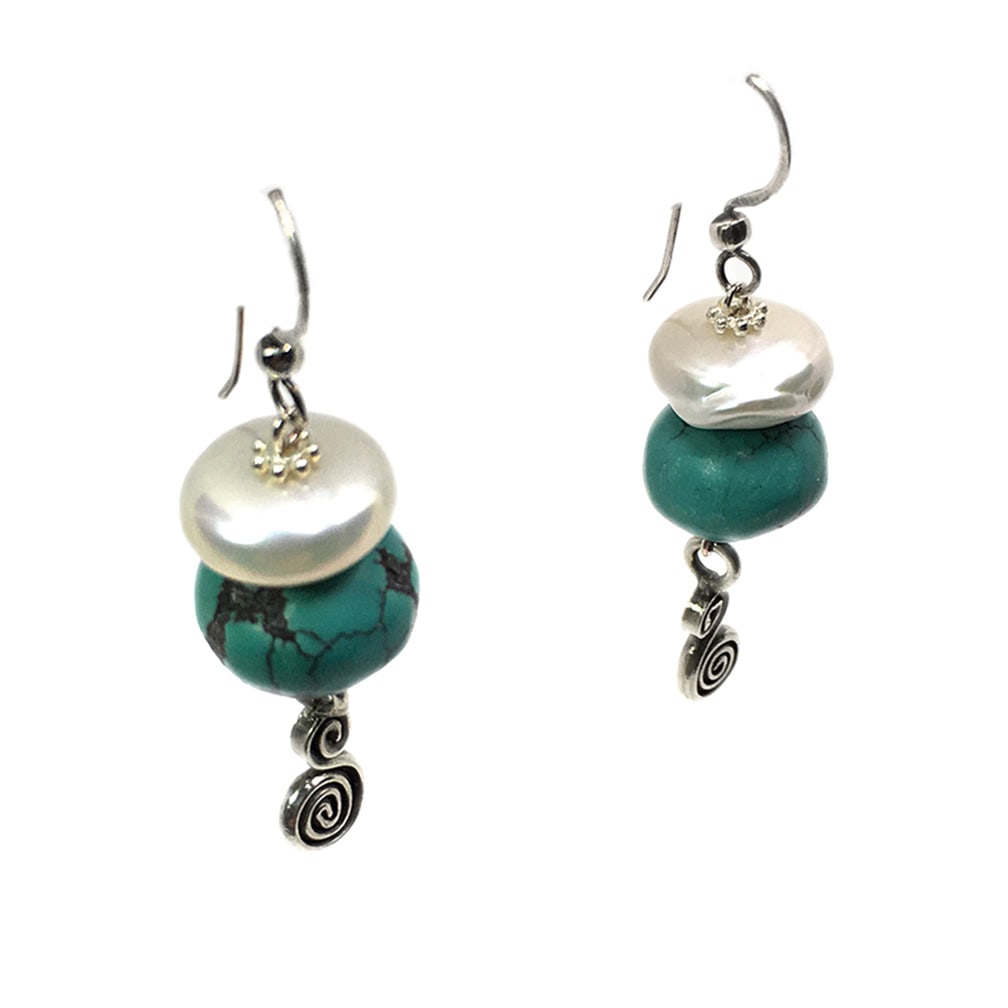 Leather-polished Turquoise & Freshwater Pearl Necklace & Earrings Set - 6