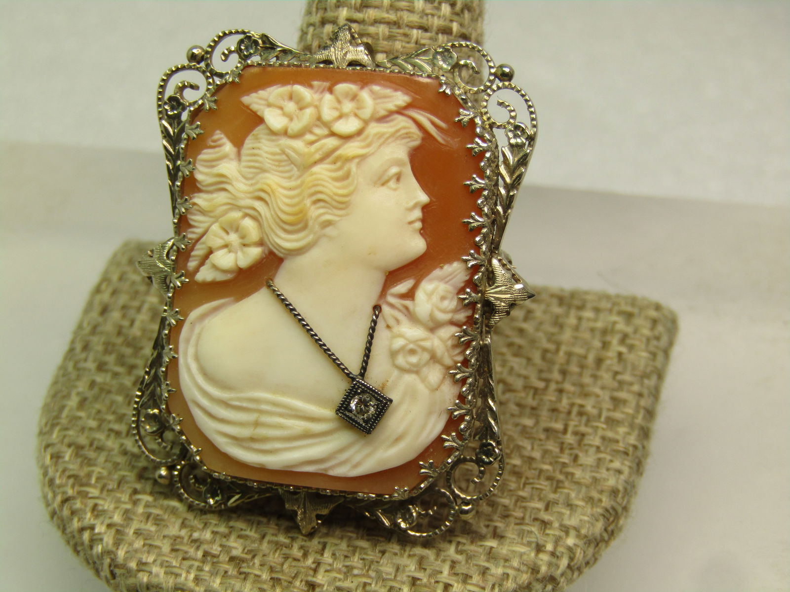 Antique Carved Cameo with Diamond Brooch/Pendant, 1910's-1920's - 2