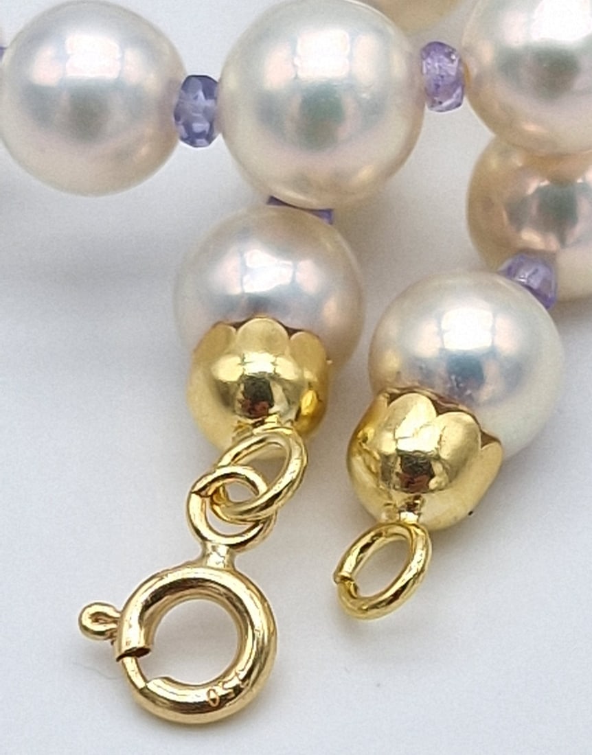 Akoya pearl necklace with tanzanite and 18kt yellow gold - 4