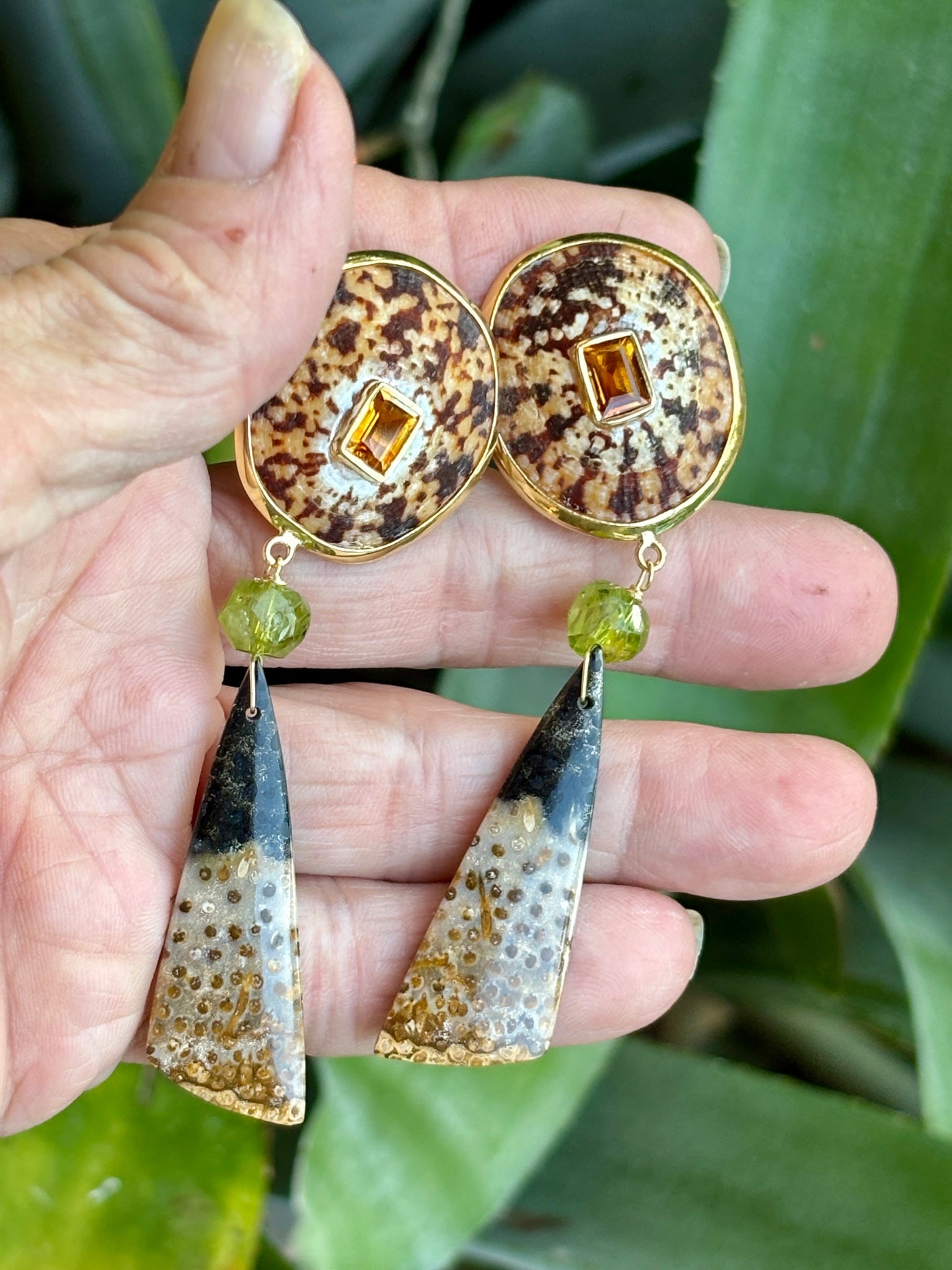 Limpet, Coral & Peridot, Vermeil Earrings: Title:Limpet, Coral & Peridot, Vermeil Earrings Description:Coil, contemporary-feeling, "swing” earrings have fascinating drops of ancient, Coral Fossils topped by organic Peridots and rich brow