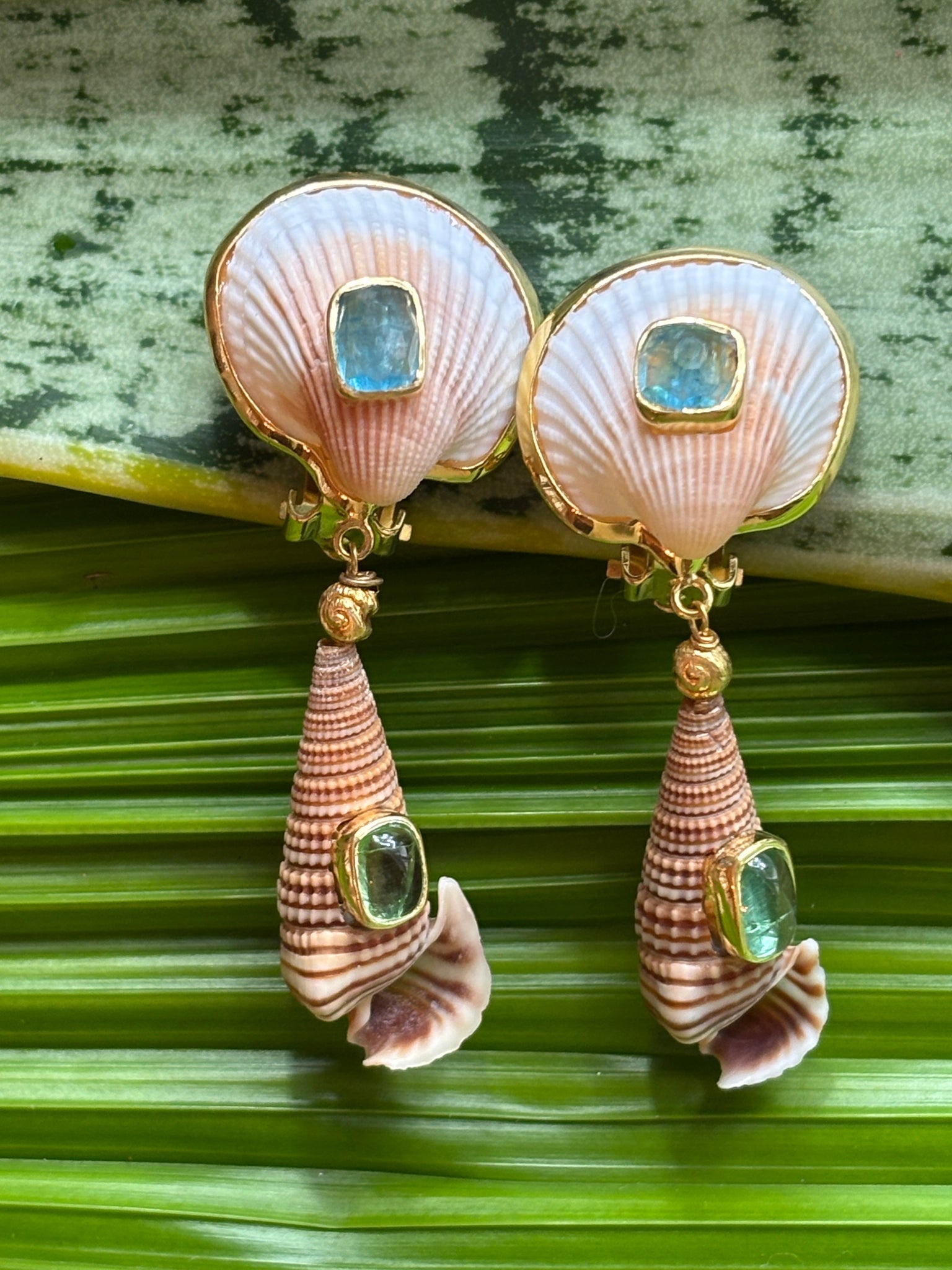 Terebra Shell Drop Earrings with Tourmaline: Title:Terebra Shell Drop Earrings with TourmalineDescription:Diminutive pair of shell earrings. Scallops on top and drops of very special Terebra Shells, set with natural Tourmaline Cabochons Drops -