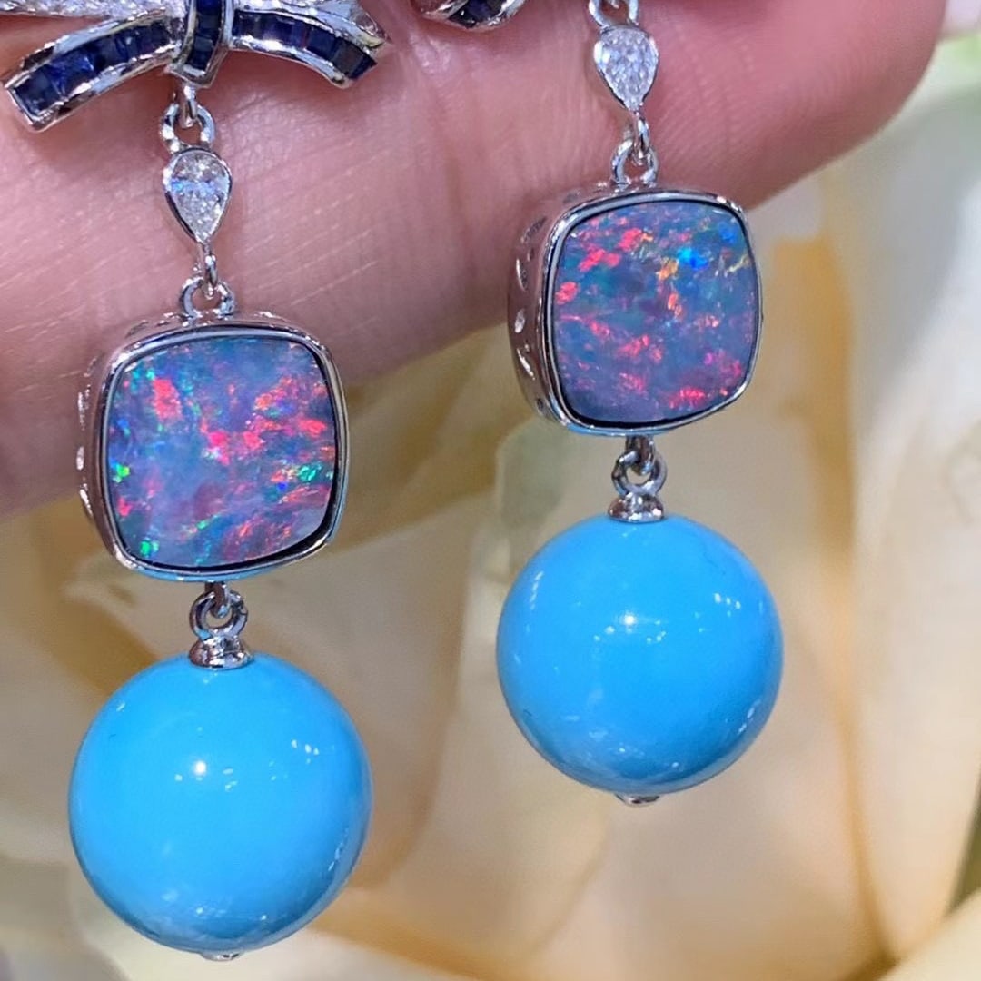 14K GOLD 3.72 CTW NATURAL OPAL & DIAMOND EARRINGS - 2