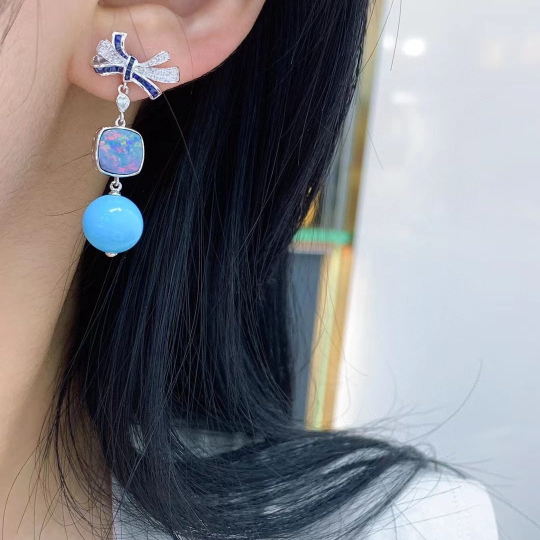 14K GOLD 3.72 CTW NATURAL OPAL & DIAMOND EARRINGS - 4