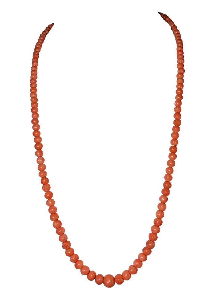 Victorian 14 KT Gold Graduated Round Red Coral Bead Necklace: Title:Victorian 14 KT Gold Graduated Round Red Coral Bead NecklaceDescription:Victorian Red Coral Hand Made Bead Necklace, smooth graduated round red coral beads. Circa 1880s. Measures 22 1/2" long