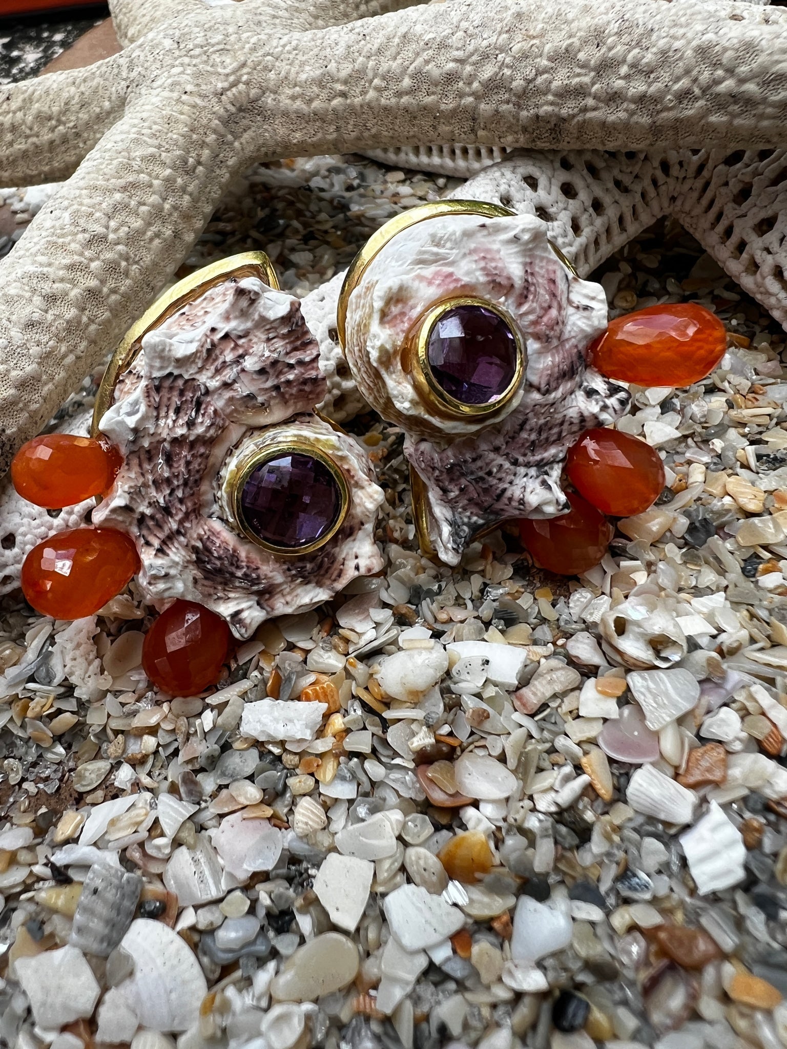 Delphinula Shell Earrings with Carnelian & Amethyst: Title:Delphinula Shell Earrings with Carnelian & Amethyst Description:Super natural Delphinula Shell Earrings set with big, faceted Amethysts and spikes of Carnelian. These are head turners - Signed C