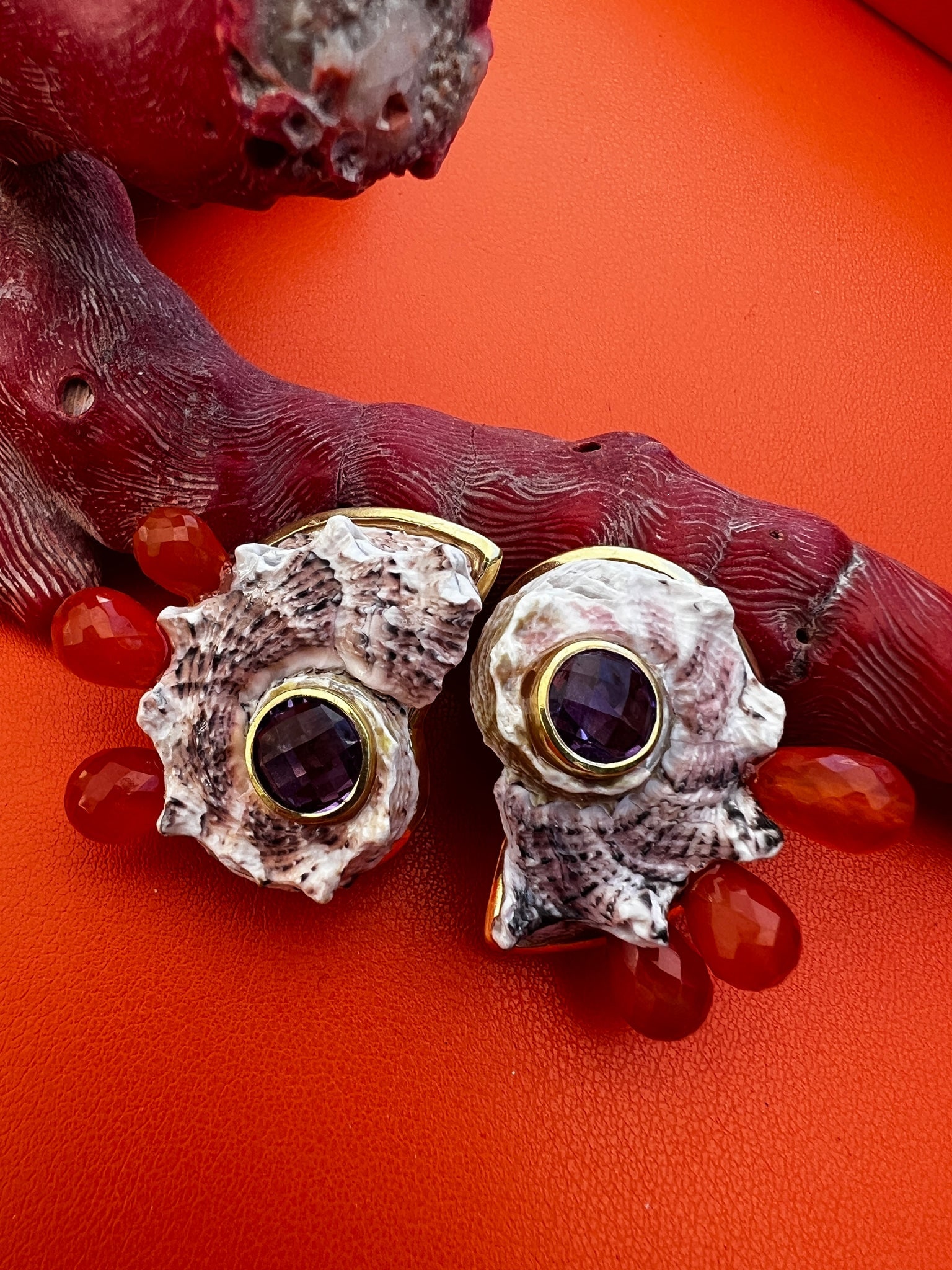 Delphinula Shell Earrings with Carnelian & Amethyst - 2