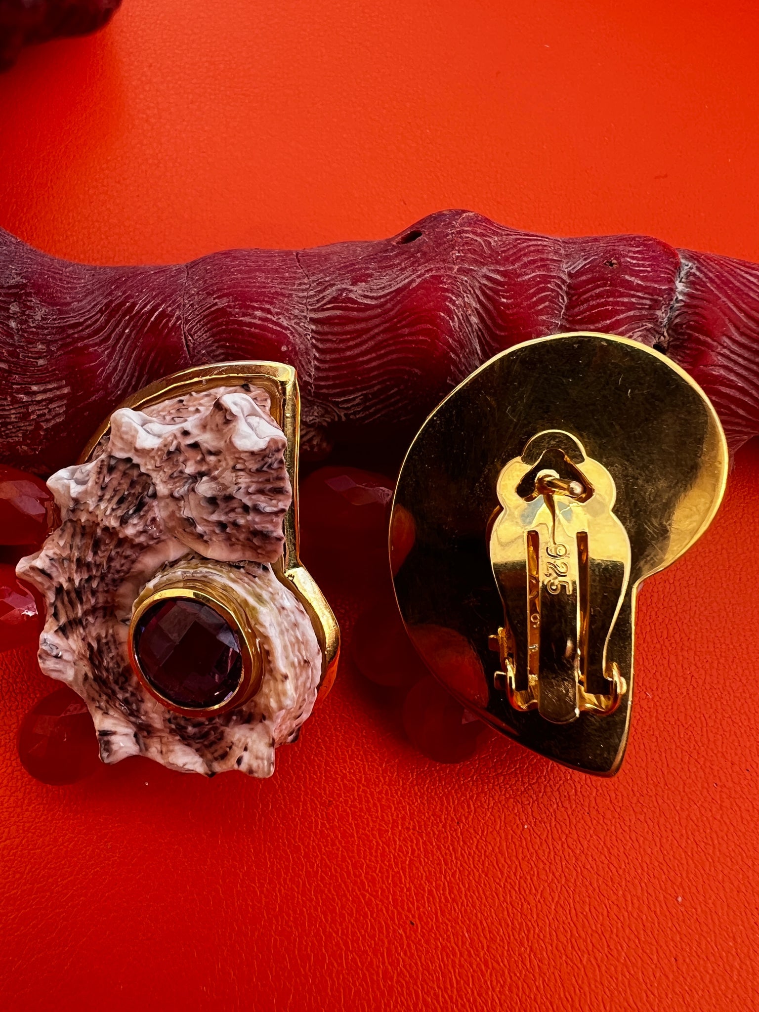 Delphinula Shell Earrings with Carnelian & Amethyst - 3