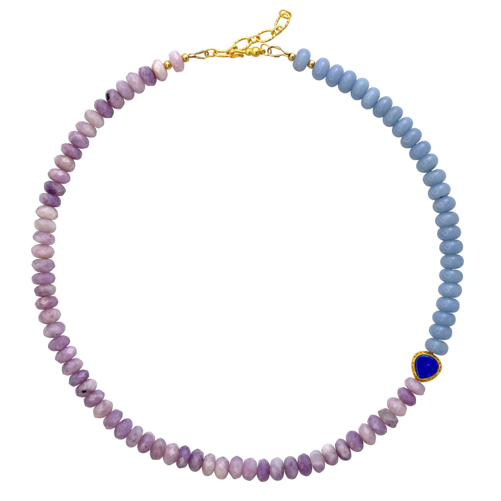 Kunzite Aquamarine Lapis Half Moon Necklace: Title:Kunzite Aquamarine Lapis Half Moon NecklaceDescription:Limited Edition Drape yourself in the gentle whisper of dawn and dusk with this ethereal necklace, where the lavender Kunzite and serene