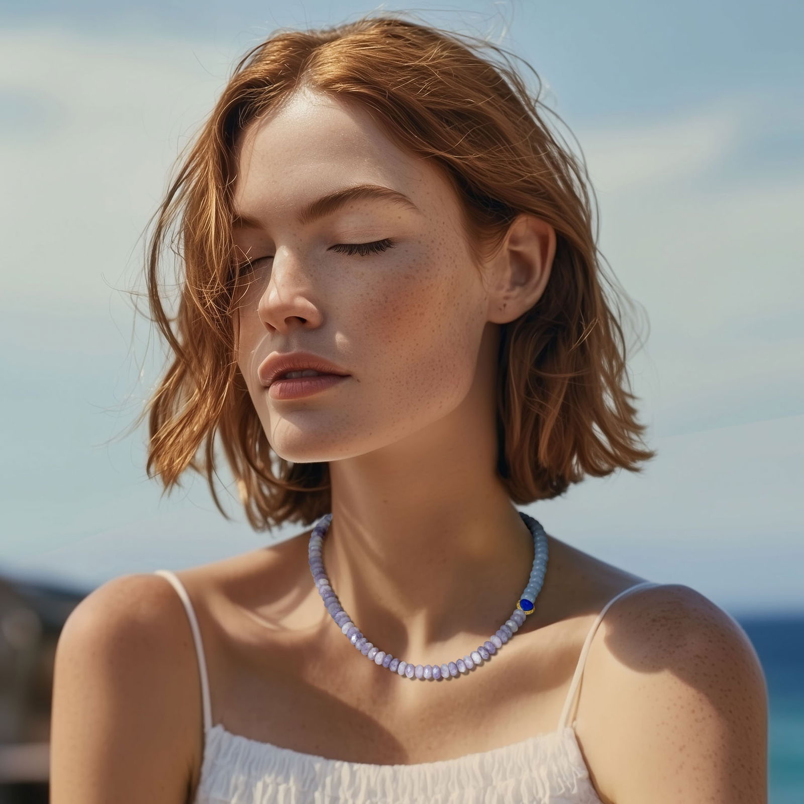 Kunzite Aquamarine Lapis Half Moon Necklace - 2