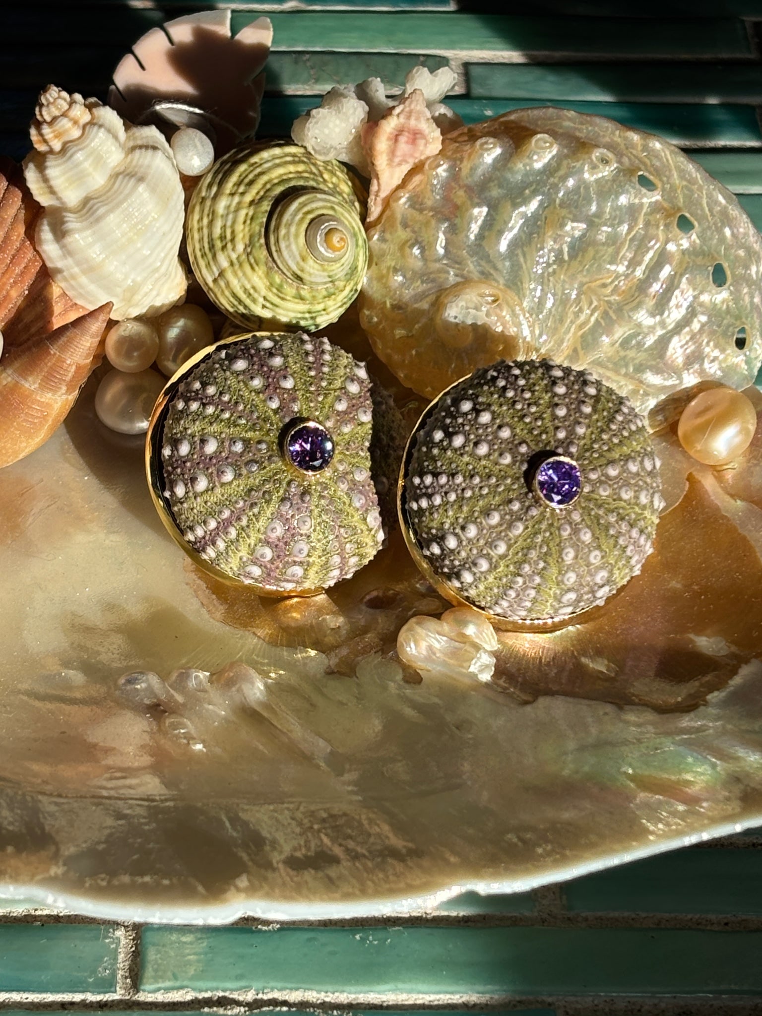 Sea Urchin & Sapphire, Vermeil Earrings: Title:Sea Urchin & Sapphire, Vermeil Earrings Description:Just beautiful is how to describe these special, Military Green urchins set with brilliant Sapphires. I must buy at least 100 to get two pairs