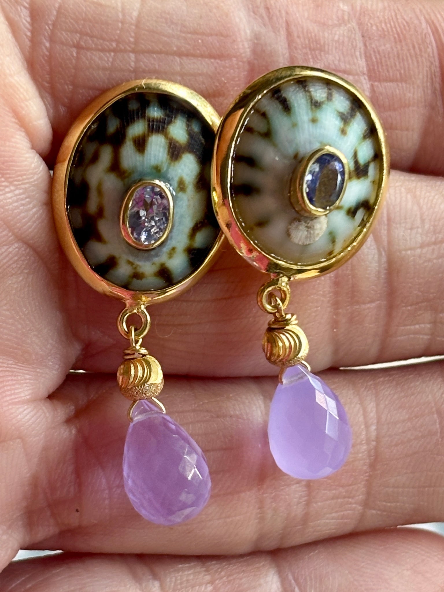 Limpet Shell Earrings with Faceted Tanzanite & Orchid Jade - 3