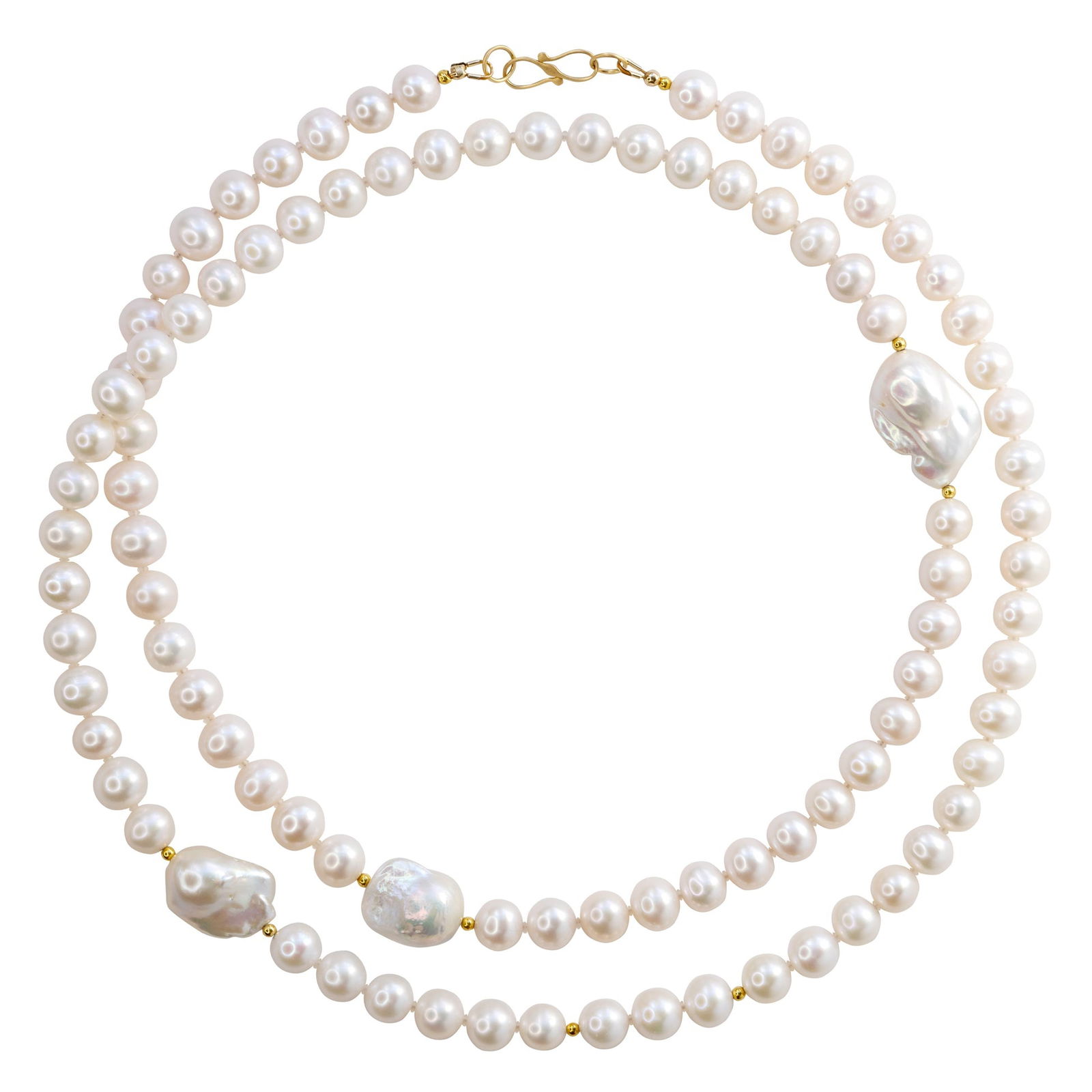 Baroque Pearls Rope Necklace 18K Gold: Title:Baroque Pearls Rope Necklace 18K Gold Description:A luminous ribbon of light the Halo Necklace reimagines the classic pearl strand with sculptural elegance. Smooth freshwater pearls glow in soft