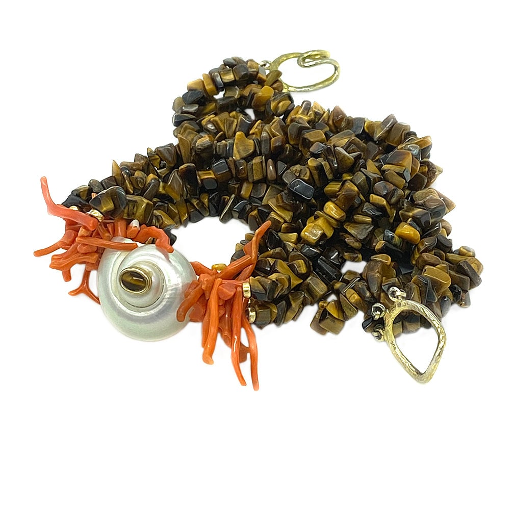 Tiger's Eye Necklace with Coral and Shell - 2