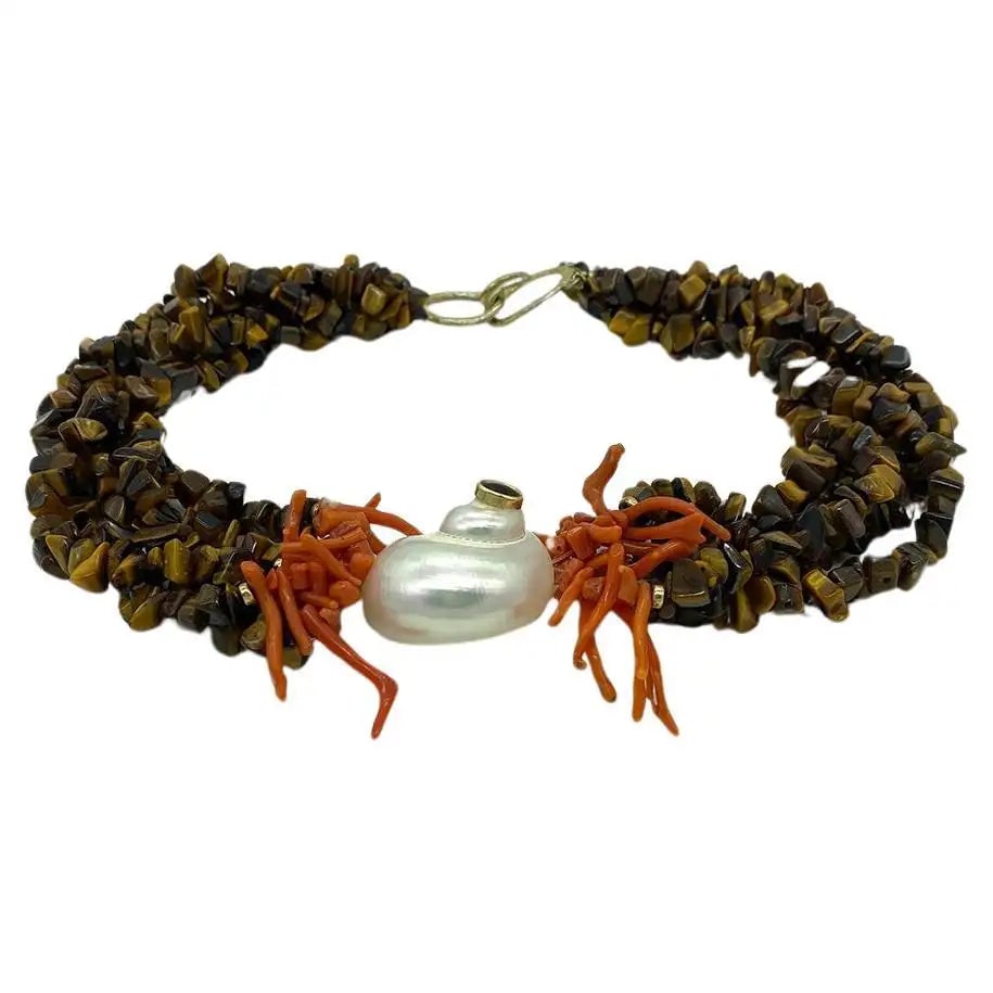 Tiger's Eye Necklace with Coral and Shell - 4