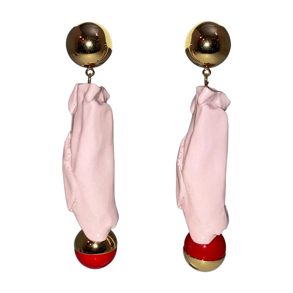 Marni Abstract Statement Earrings: Title:Marni Abstract Statement Earrings Description:Marni Abstract Statement Earrings, gold plated semi circle post with pink lacquered figural center piece and red/gold hanging ball dangle. Earrings