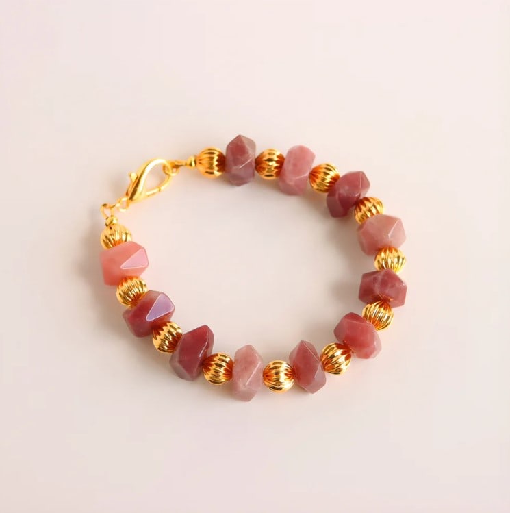 Pink Botswana Agate and Gold Beaded Bracelet - 2