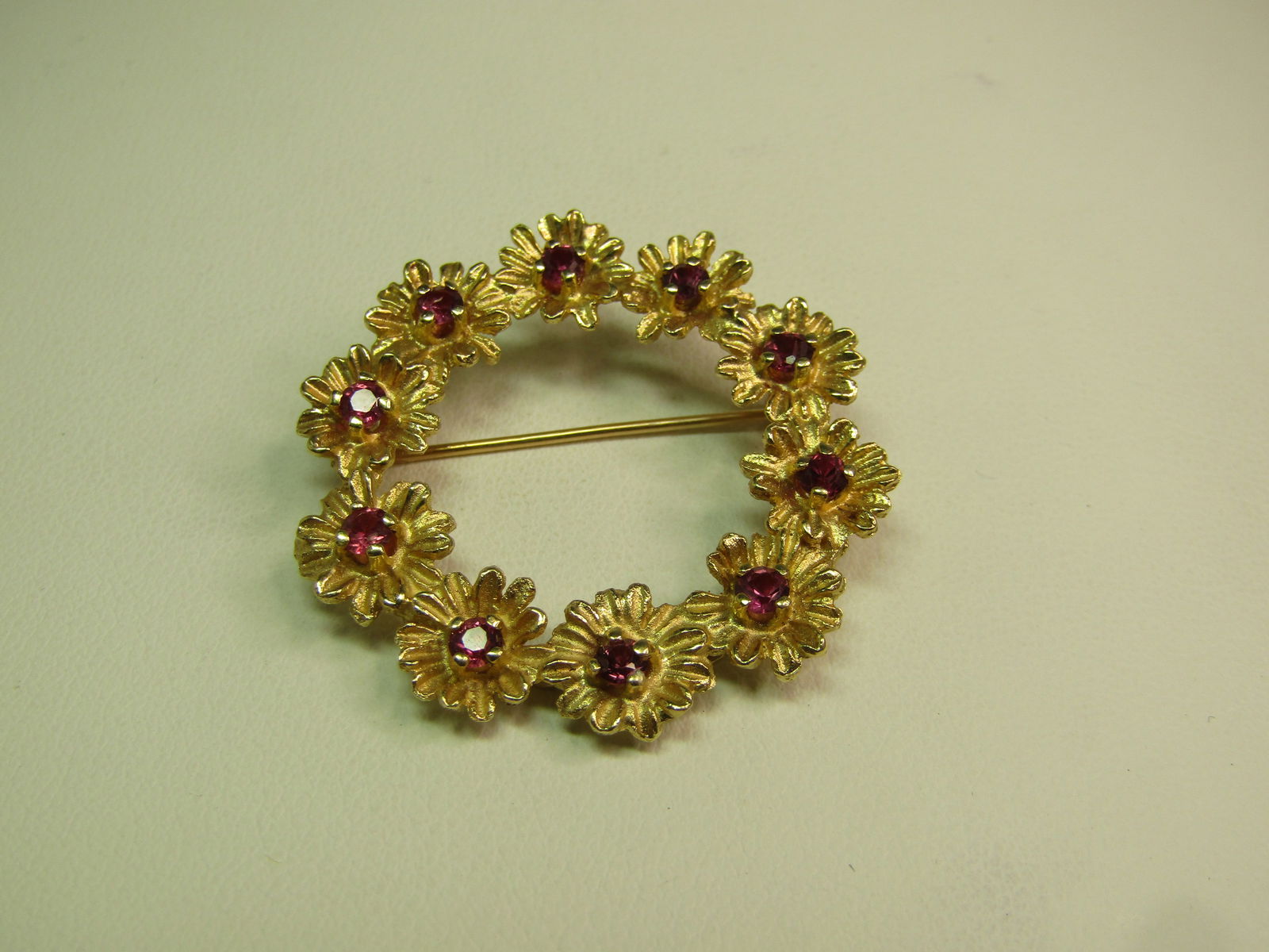 Vintage 14kt Floral Ruby Wreath Brooch, Signed CM/J, 1970's and after (1 of 6)