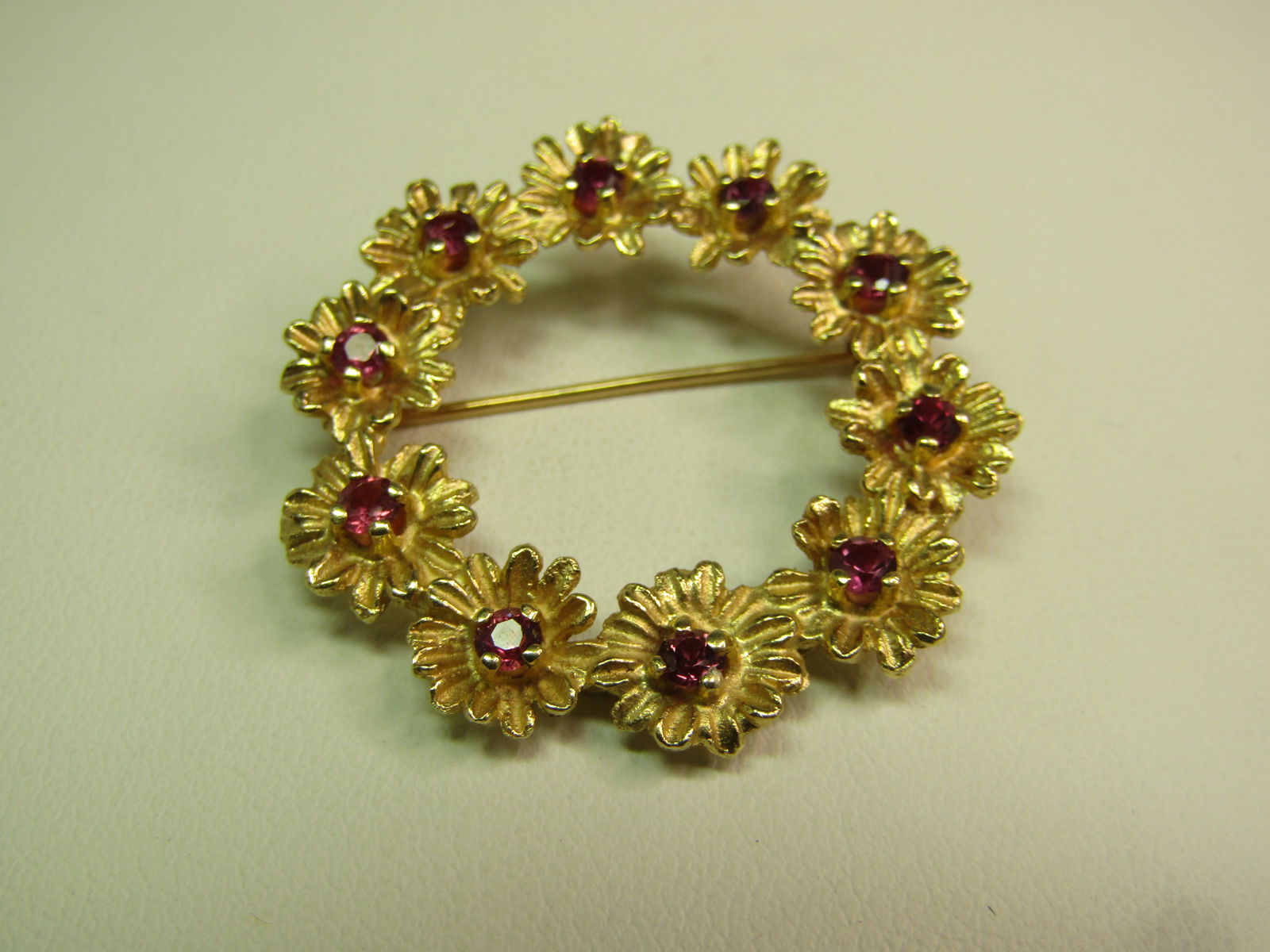 Vintage 14kt Floral Ruby Wreath Brooch, Signed CM/J, 1970's and after - 2
