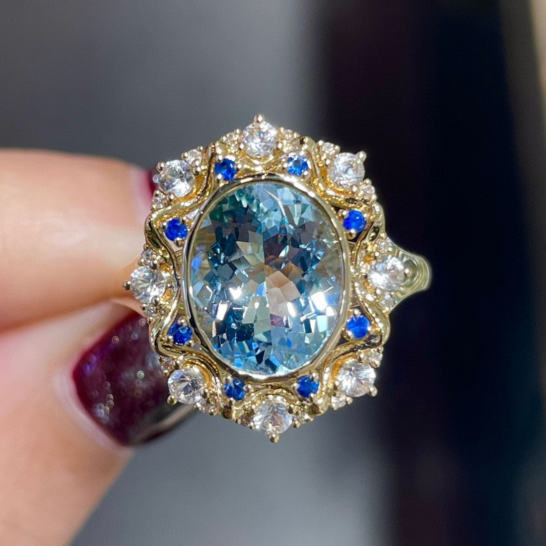 14K GOLD 2.2 CT NATURAL AQUAMARINE & SAPPHIRE & SAPPHIRE & DIAMOND RING: Title:14K GOLD 2.2 CT NATURAL AQUAMARINE & SAPPHIRE & SAPPHIRE & DIAMOND RING Description:Ref:230528282Gold Content:14K GoldRing Size:7.25USMain Gemstone:AquamarineNumber of stones:1Shape:OvalCarat We