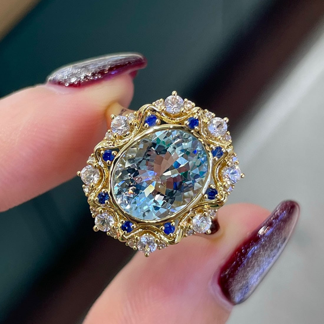 14K GOLD 2.2 CT NATURAL AQUAMARINE & SAPPHIRE & SAPPHIRE & DIAMOND RING - 2