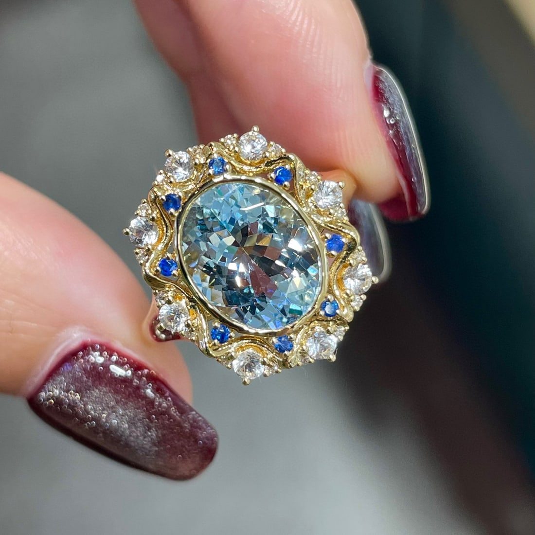 14K GOLD 2.2 CT NATURAL AQUAMARINE & SAPPHIRE & SAPPHIRE & DIAMOND RING - 3