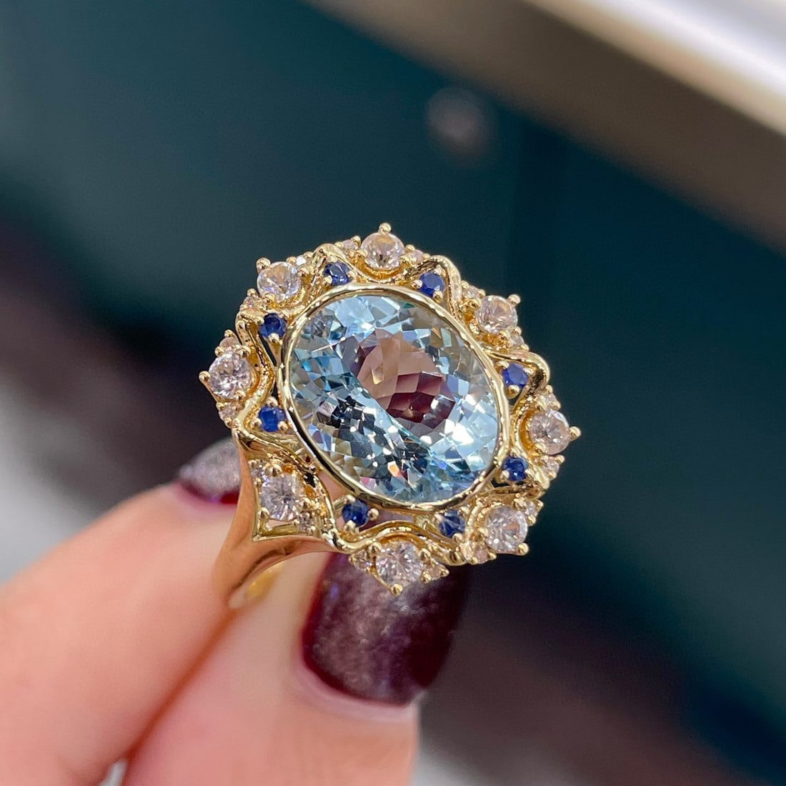 14K GOLD 2.2 CT NATURAL AQUAMARINE & SAPPHIRE & SAPPHIRE & DIAMOND RING - 4