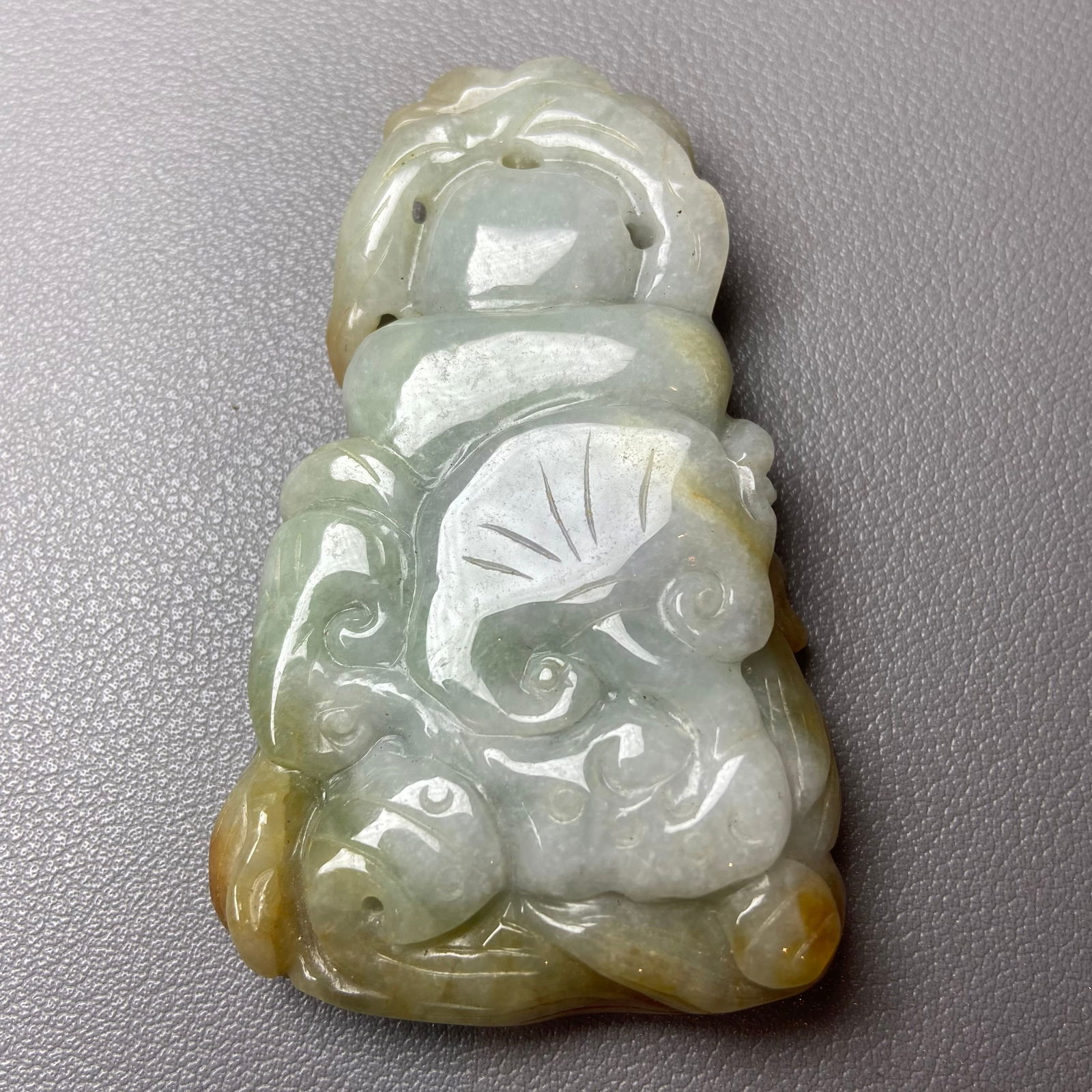 Antique Chinese Grade A Yellow Green Jadeite Jade Pendant Figure carved Baby and Fish pattern - 2