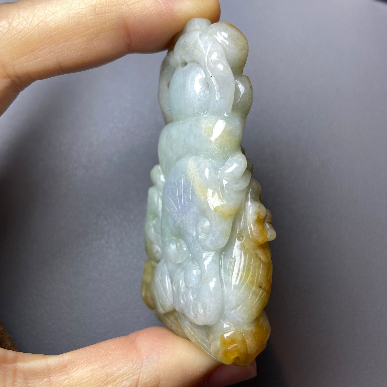 Antique Chinese Grade A Yellow Green Jadeite Jade Pendant Figure carved Baby and Fish pattern - 5