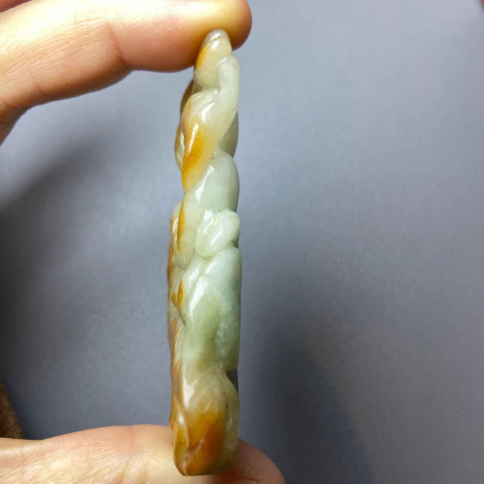 Antique Chinese Grade A Yellow Green Jadeite Jade Pendant Figure carved Baby and Fish pattern - 6