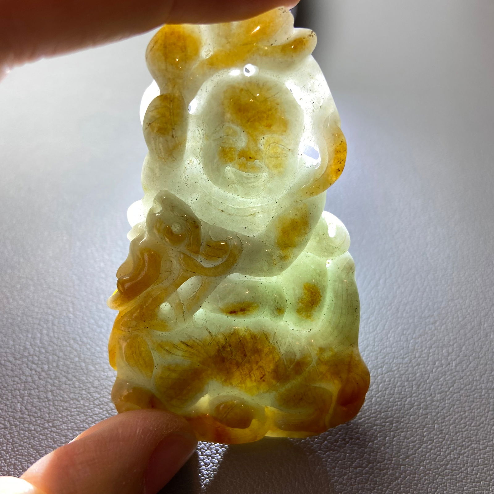 Antique Chinese Grade A Yellow Green Jadeite Jade Pendant Figure carved Baby and Fish pattern - 9