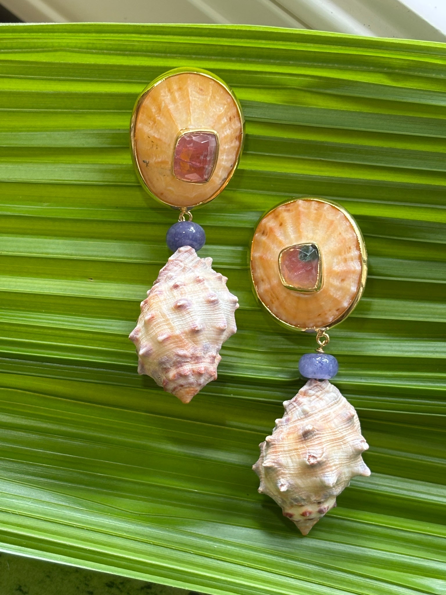Drupa Shell Drop Earrings with Tourmaline: Title:Drupa Shell Drop Earrings with Tourmaline Description:Pair of sweet Yellow Australian Limpets set with raw Tourmaline. Drops of lolite beads and specimen Drupa shells - Signed CSS - Vermeil - 2.