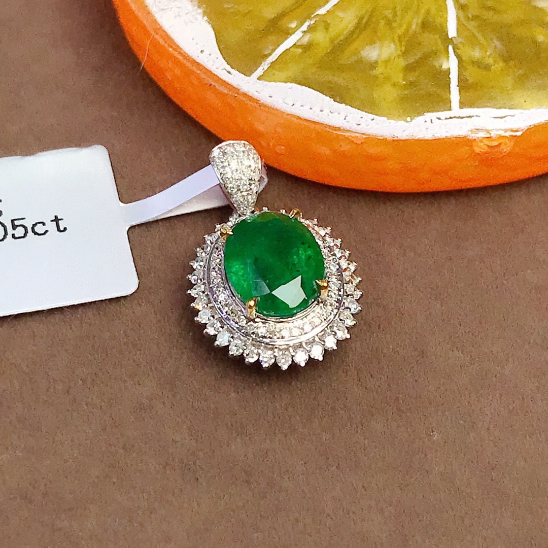 14K GOLD 2.05 CT VIVID GREEN NATURAL EMERALD & DIAMOND PENDANT - 4