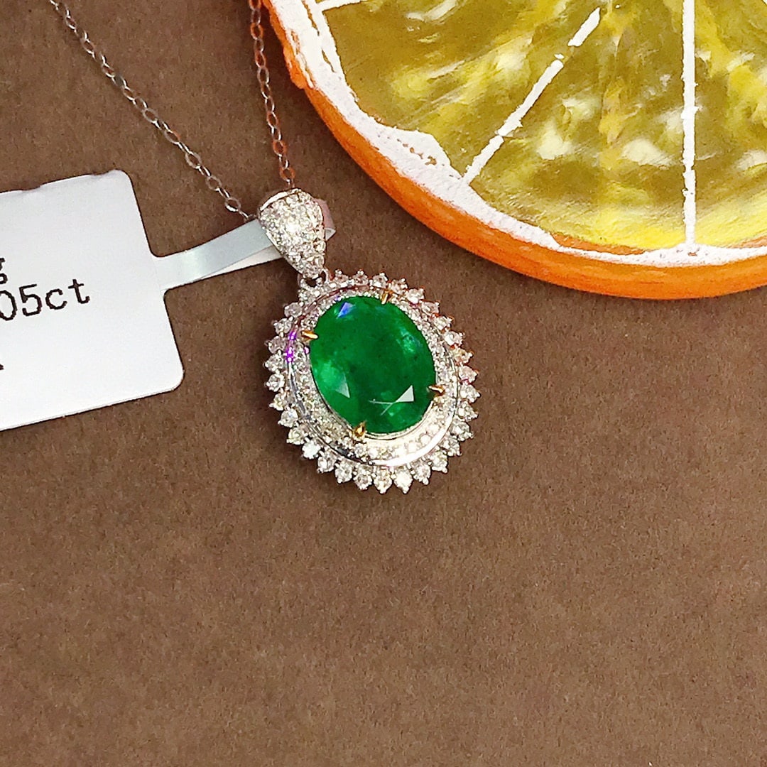 14K GOLD 2.05 CT VIVID GREEN NATURAL EMERALD & DIAMOND PENDANT - 6