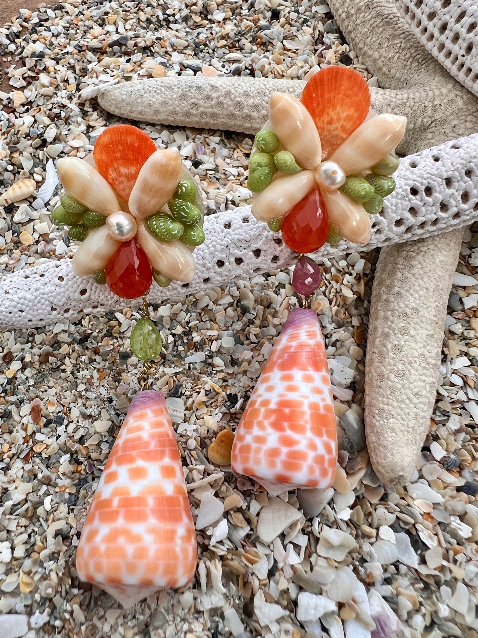 Conus Shell Drop Earrings with Carnelian & Pearl: Title:Conus Shell Drop Earrings with Carnelian & Pearl Description:Fun pair of Drop Conus Shell Earrings with faceted Carnelian and small Pearl center. Small Olive Shells, Orange Scallops and Green Ne