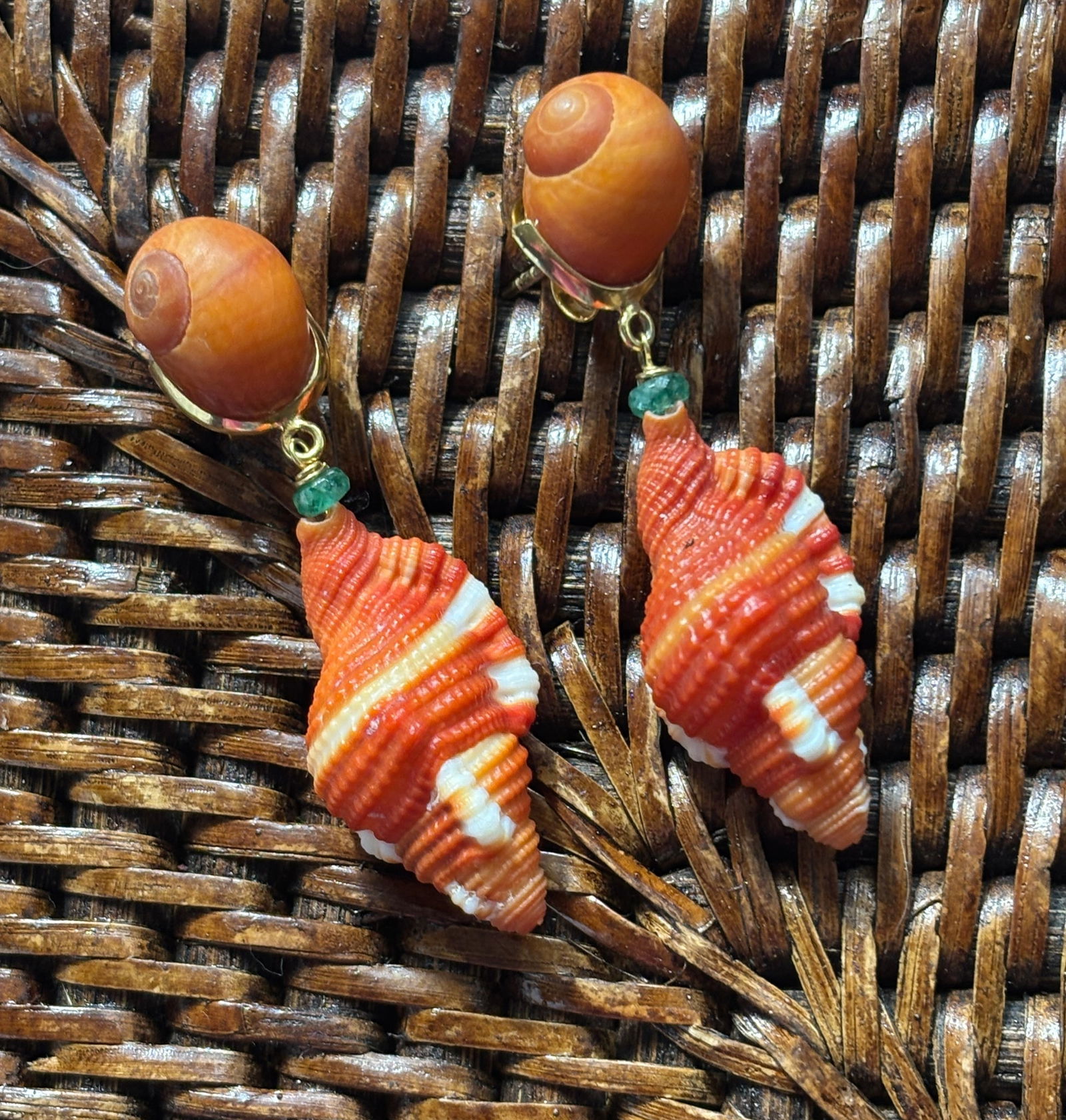 Cymbatium Shell Earrings with Tsavorite Garnets: Title:Cymbatium Shell Earrings with Tsavorite Garnets Description:Pair of darling Cymbatium shell s topped with unusual little snails and Tsavorite Garnets - Signed CSS - Vermeil - 1.75" Drop - Post B