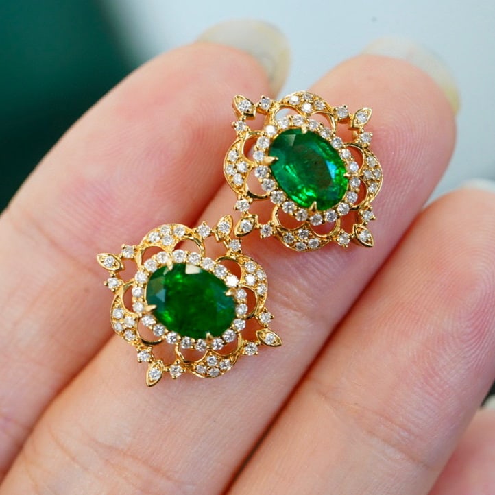 14K GOLD 1.4 CT VIVID GREEN NATURAL EMERALD & DIAMOND EARRINGS - 5