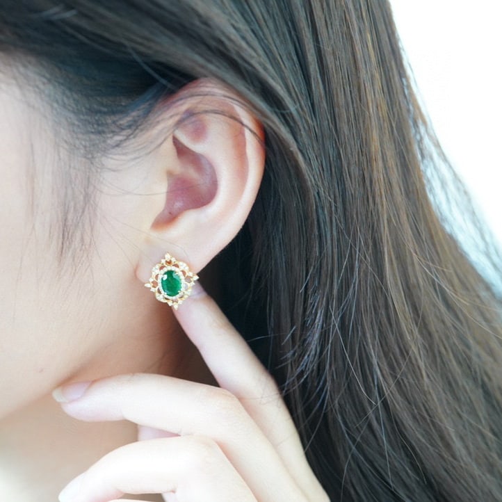 14K GOLD 1.4 CT VIVID GREEN NATURAL EMERALD & DIAMOND EARRINGS - 6