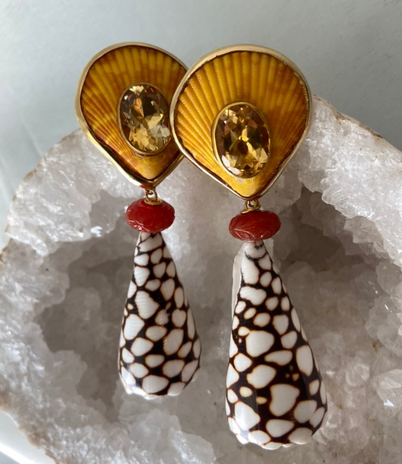 Marble Conus, Pectin, & Citrine Vermeil Earrings - 2
