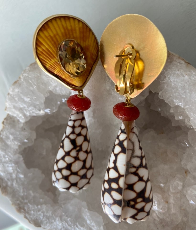 Marble Conus, Pectin, & Citrine Vermeil Earrings - 3