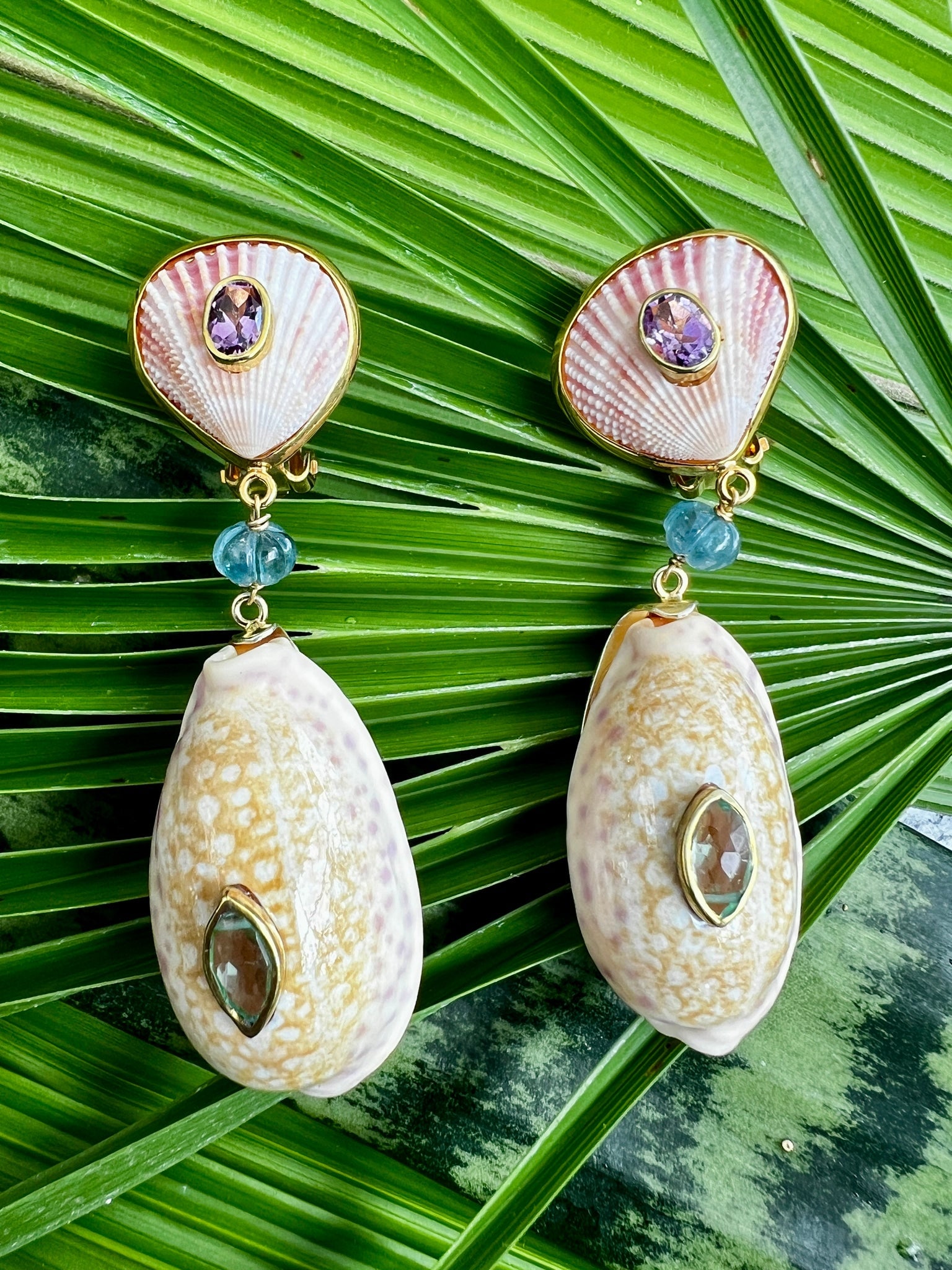 Cyprea Shell Drop Earrings with Kyanite & Tourmalines - 2