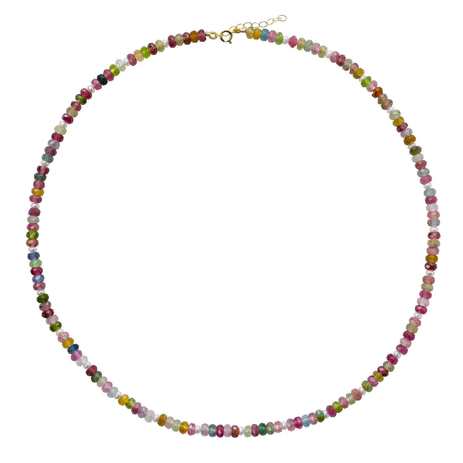 Rainbow Tourmaline & Pearl Necklace 14K Gold: Title:Rainbow Tourmaline & Pearl Necklace 14K Gold Description:A delicate strand of faceted rainbow tourmaline beads is interspersed with luminous freshwater pearls, creating a soft rhythm of color an