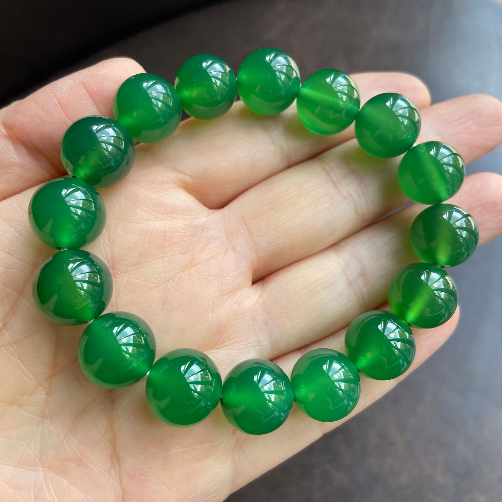 12mm Natural Imperial Green Chalcedony Jade Bead Bracelet - 5