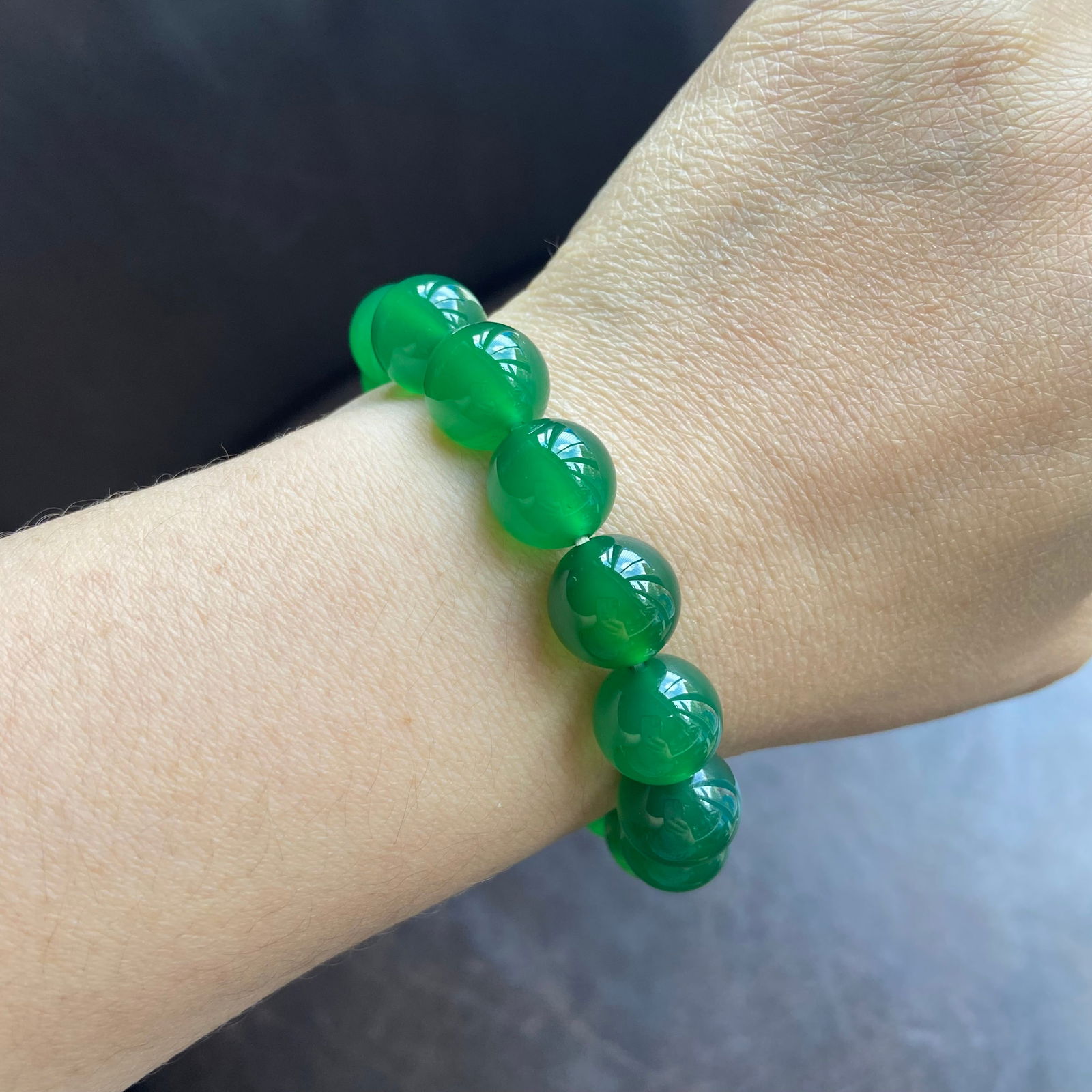 12mm Natural Imperial Green Chalcedony Jade Bead Bracelet - 6