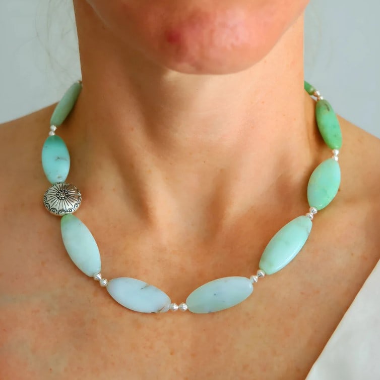 Handmade Australian Chrysoprase Necklace with Silver Accents – Ombre Rice-Cut Gemstones - 7