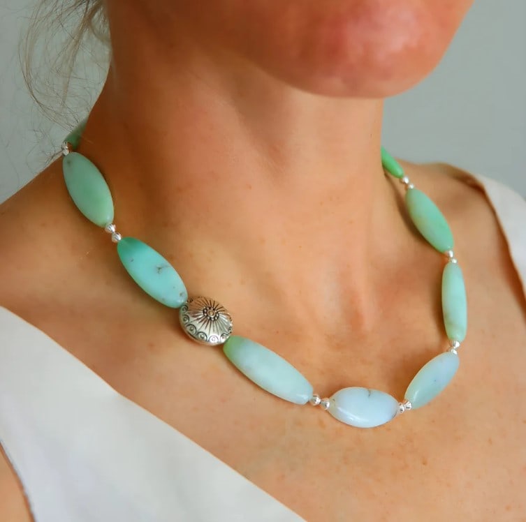 Handmade Australian Chrysoprase Necklace with Silver Accents – Ombre Rice-Cut Gemstones - 8