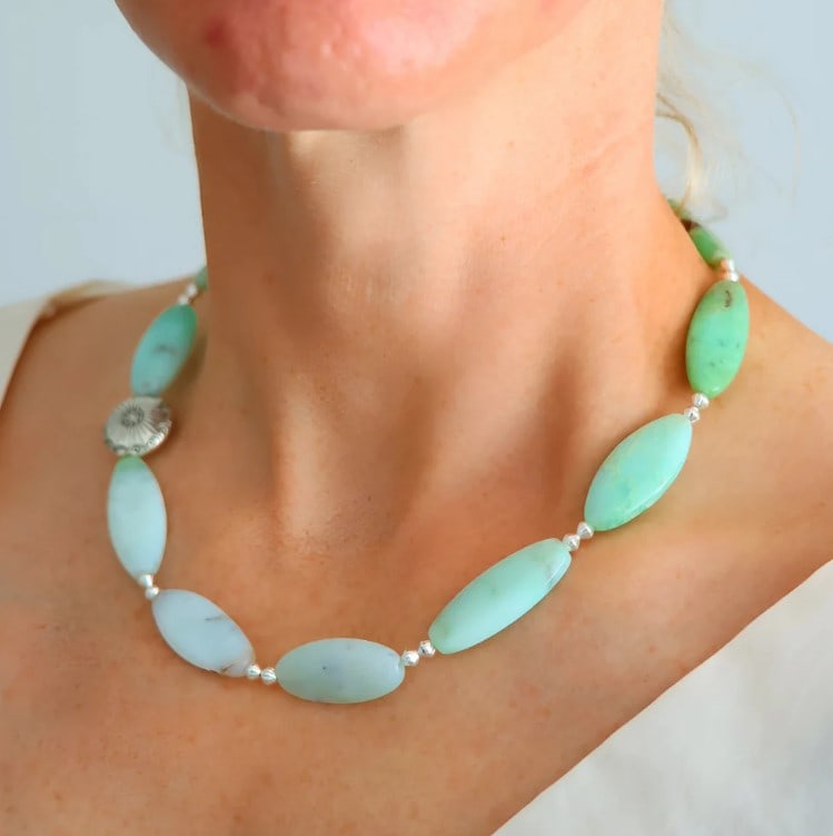 Handmade Australian Chrysoprase Necklace with Silver Accents – Ombre Rice-Cut Gemstones - 9