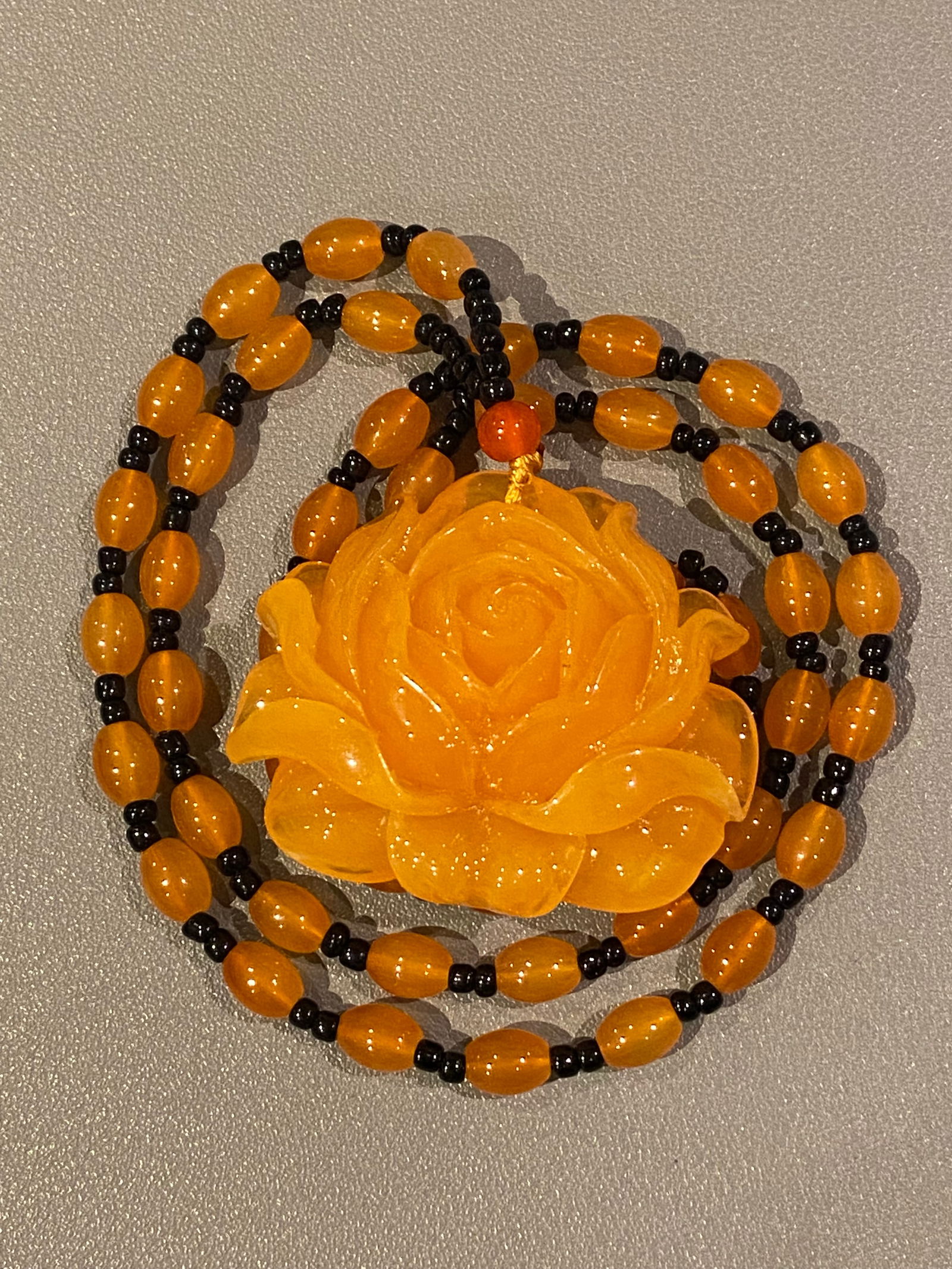 Amber-like Hand Carved Large Flower Pendant with Beaded Chain - 2