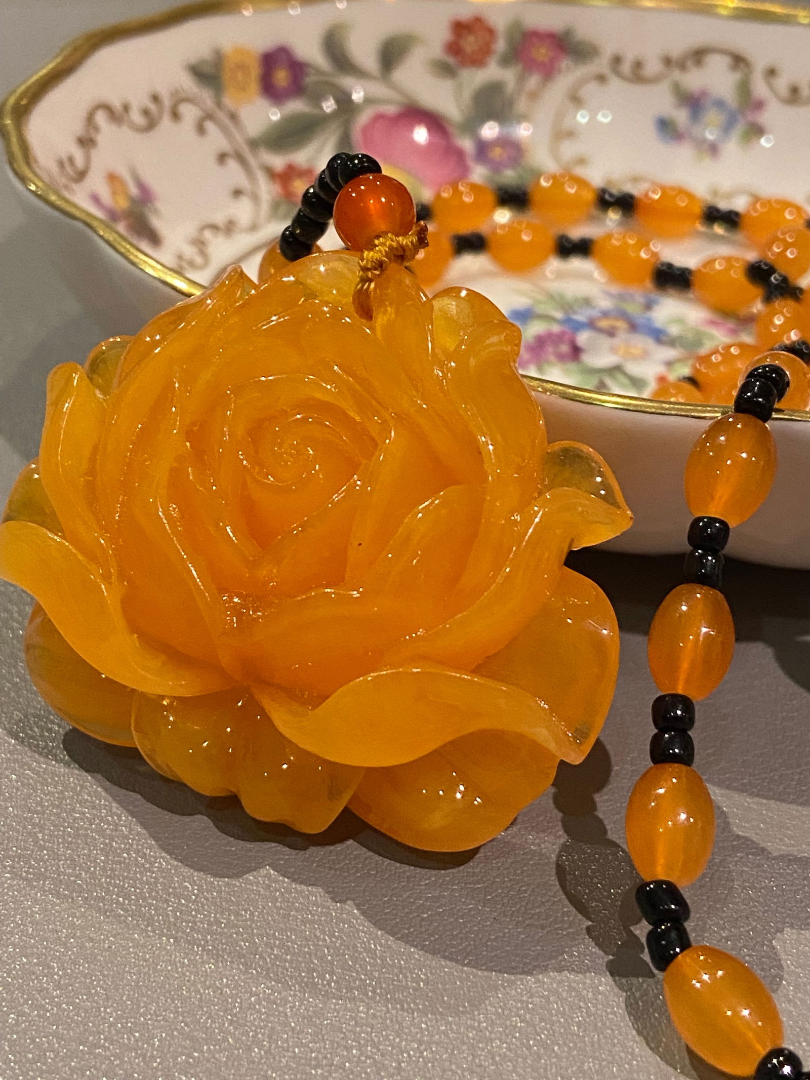 Amber-like Hand Carved Large Flower Pendant with Beaded Chain - 4